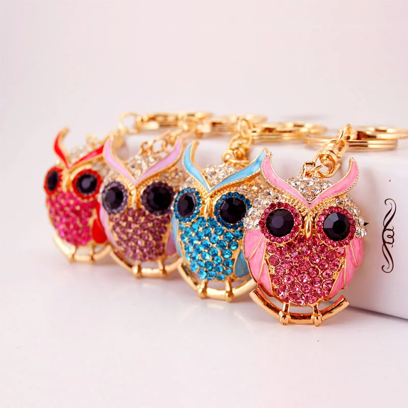 

Crystal Rhinestone Enamel Alloy Animal Owl Pendant Key Chains Gold Tone Lobster Clasp Keychain Handbag Accessories Rings Holders