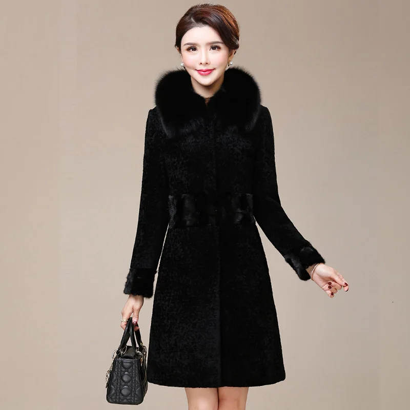 

Real Fur Coat Women Long Winter Jacket Fox Fur Collar Sheep Shearing Wool Jackets Warm Mink Fur Coats Clothes 2020 722-1 KJ3185