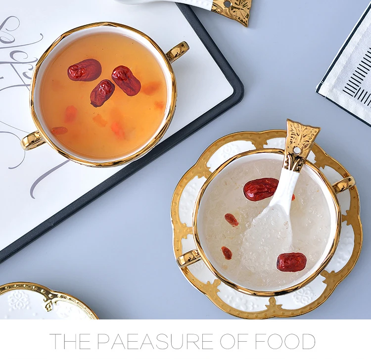 FANTERCY Tableware Creative Ceramic Bird's Nest Hotel Double Ear Soup Stewed Dessert Bowl Tray Flower Shaped Porcelain Bowls