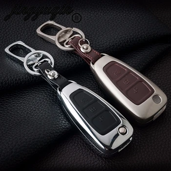 

jingyuqin Zinc Alloy+Leather Car Styling Flip Smart Key Cover Case For Ford Focus 3 4 ST Kuga Mondeo MK4 Fiesta Fusion Ecosport