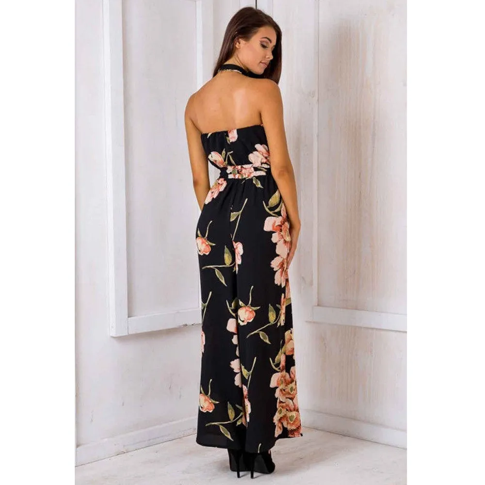 Hot Sale Bohemian Palm Print Lace Up Jumpsuits&Rompers Off Shoulder Women Jumpsuit Summer Beach Sexy Jumpsuit Overalls 12.26