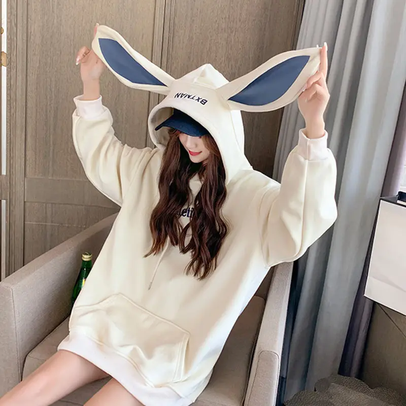 trendy hoodies for women Gothic Harajuku Couple Hoodies Cute Rabbit Ears Black Hooded Outwear Women 2022Sweet Loose Warm Plush Coats Autumn Winter Jacket sweatshirts for girls Hoodies & Sweatshirts