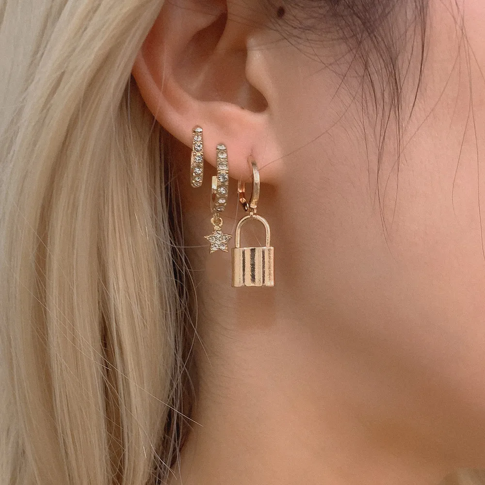 3Pcs/Set Shiny Crystal Star Lock Dangle Earrings for Female 2020 Trendy Tiny Charm Earrrings Set Party Jewelry Gift | Украшения и