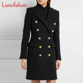 Cappotto lungo in lana imitazione Donna Autunno Inverno Militare Misto lana nera Giacca doppiopetto elegante cappotto di lana 1