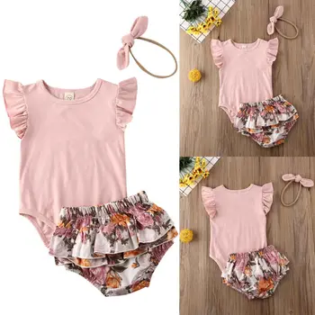 

3PCS Newborn Baby Girl Floral Outfits Clothes Tops Romper+Tutu Short Pants Set