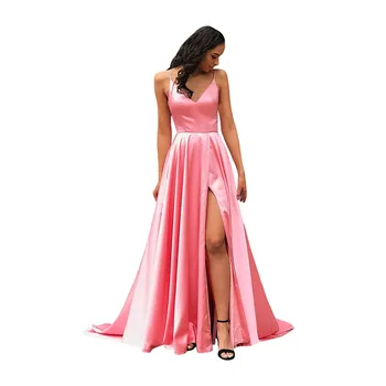 

Robe De Soiree Charming Pink V-neck Prom Dresses Side Split Prom Gown Corset Back A-line Satin Long Dress Vestido De Festa