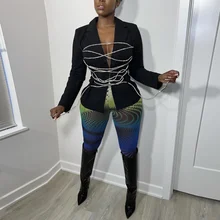 Blazer Bandage ajouré à manches longues pour femmes, couleur Pure, couture à lacets, Sexy, nouvelle veste de bureau à la mode 