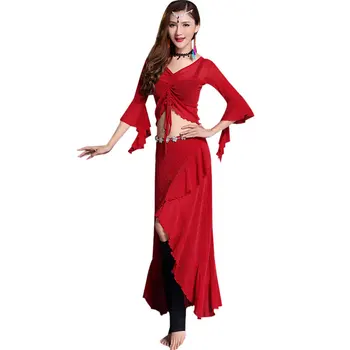 

2020 Spring Belly Dance Clothes Silver Mesh Drawstring Butterfly Sleeve Long Skirt Exercise Performance Clothing Suit