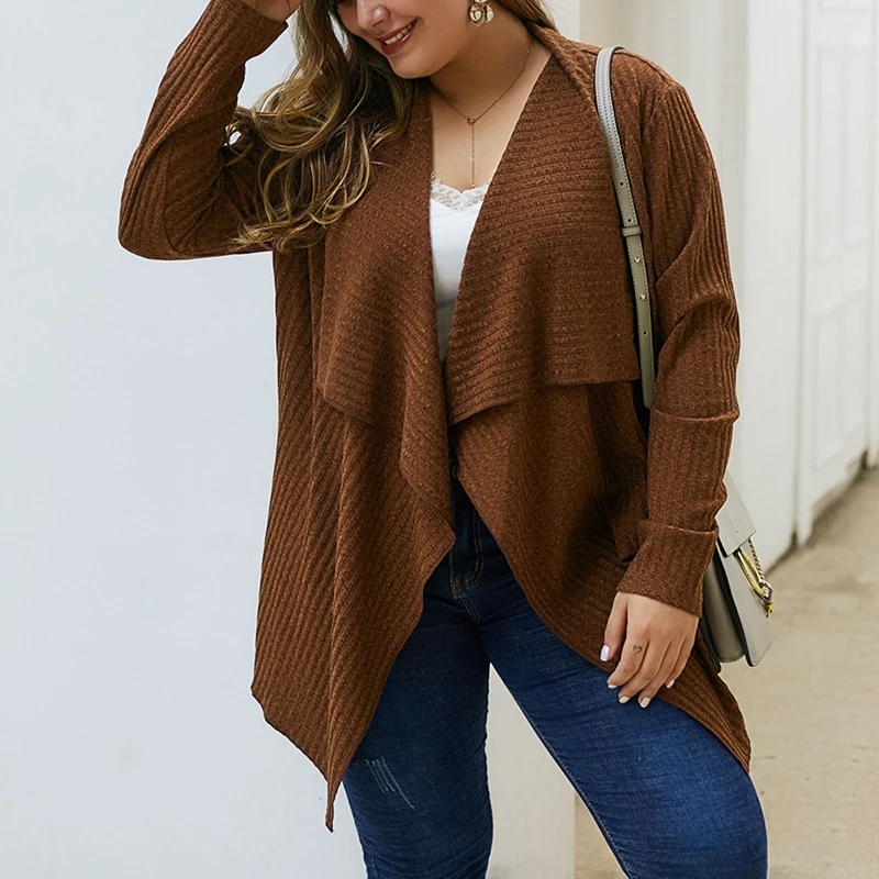 Spring new knitted jacket top 3XL-7XL bust 129CM fashion lapel long sleeve solid color sweater coat