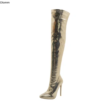 

Olomm Handmade Women Over The Knee Boots Stiletto Heels Pointed Toe Silver Gold Black Night Club Shoes Women Plus US Size 4-16