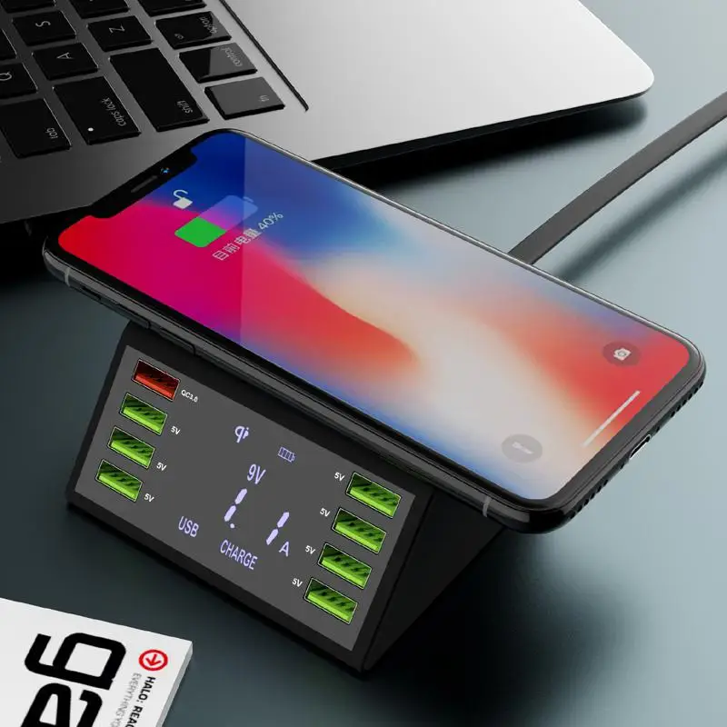 AC100V-240V 8 USB порт быстрая зарядка QC3.0 Смарт Беспроводное зарядное устройство светодиодный дисплей для телефонов Sansung планшеты ЕС разъем CE сертификация