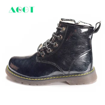 

AOGT 2020 New Winter Children Shoes Boys Girls Martin Boots Fashion Bright Leather Waterproof Ankle Rubber Warm Plush Kids Boots
