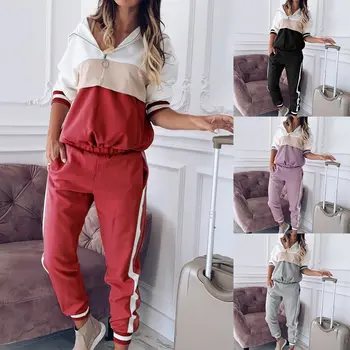 

Hooded Tracksuit Women 2 Pcs Running Set 2020 Patchwork Joggers Suits Workout Clothes Loose 1/4 Zipper Sweatshirts Sportswear