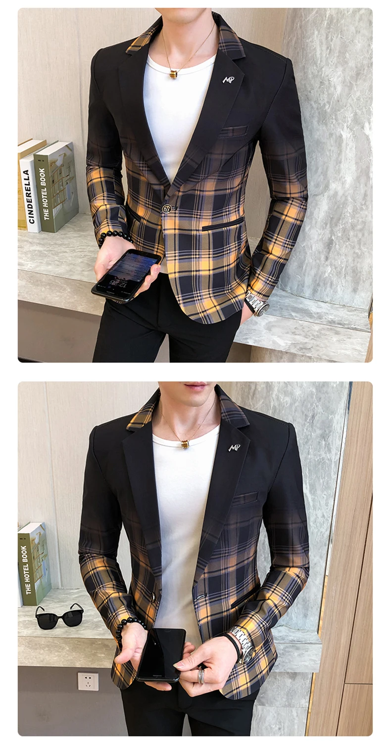 2021 Men Suit Jackets Spring Autumn Plaid Slim Business Formal Casual Check Blazers Office Work Party Prom Wedding Groom coat casual blazer