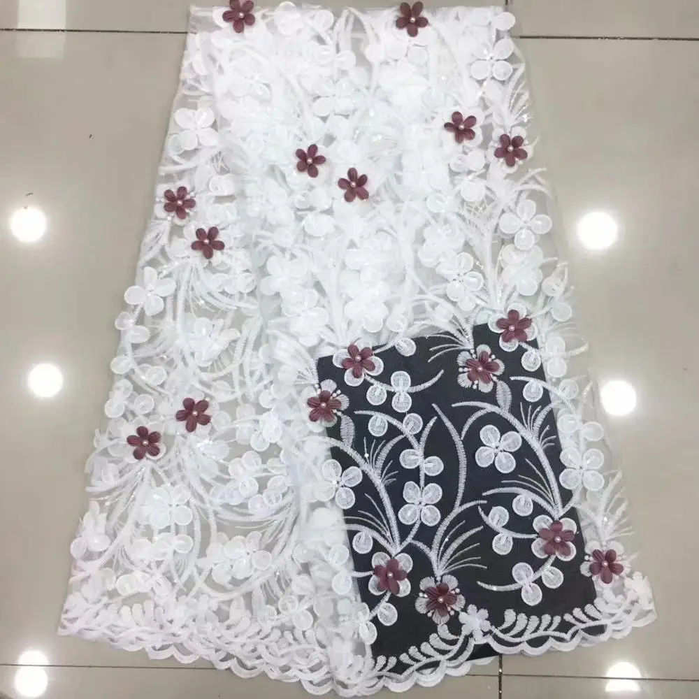 

African lace fabric 5yds/pce 3d petals beaded white mesh fabrics women gorgeous luxury nigerian party event asoebi dress DP-013