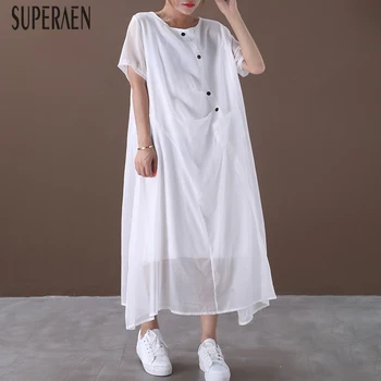 

SuperAen New Summer Dress Women 2020 New Korean Style Pluz Sized Ladis Dress Solid Color Cotton Women Clothing
