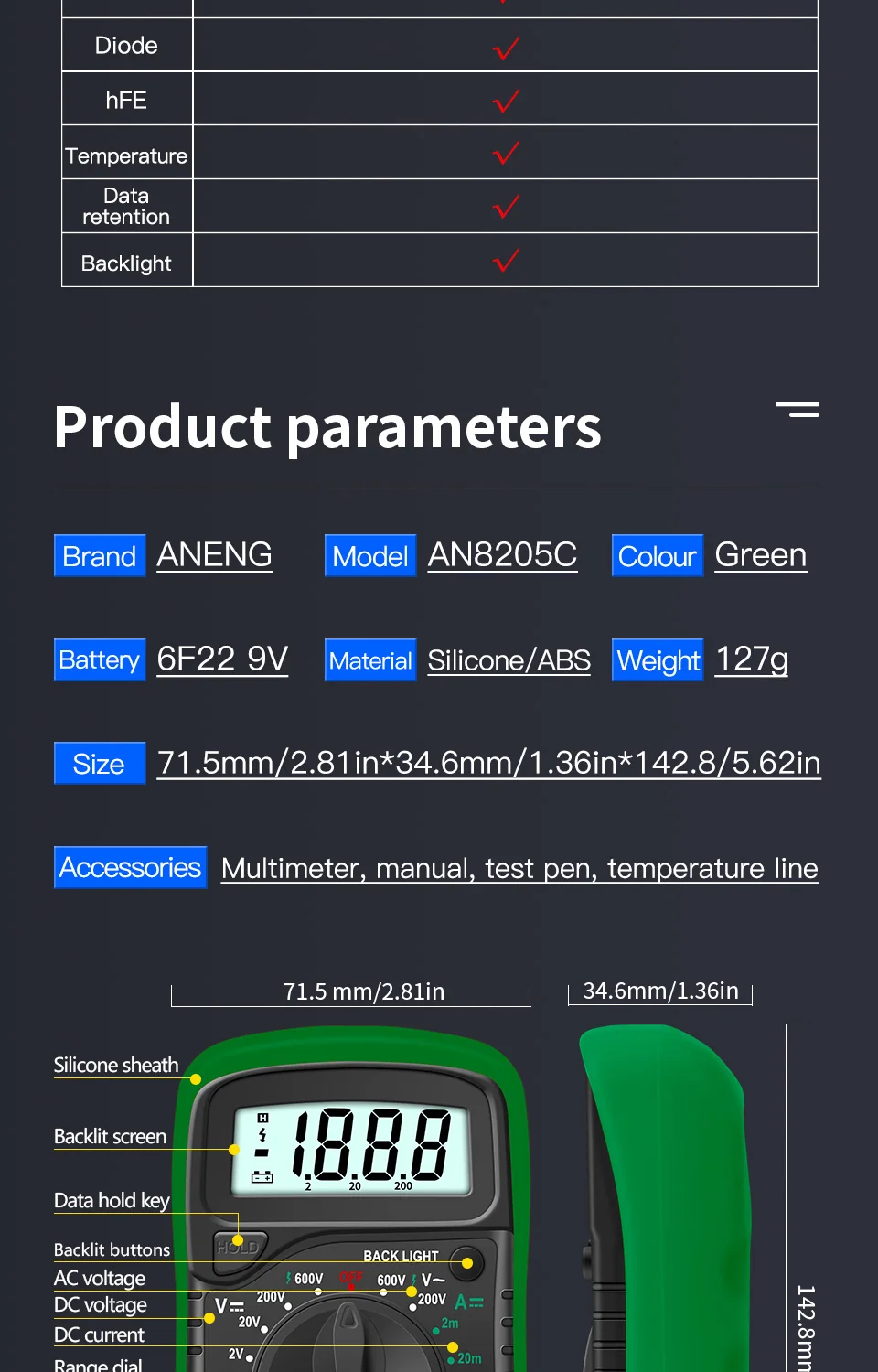 best budget oscilloscope ANENG AN8205C Digital Multimeter AC/DC Ammeter Volt Ohm Tester Meter Multimetro With Thermocouple LCD Backlight Portable ph litmus paper