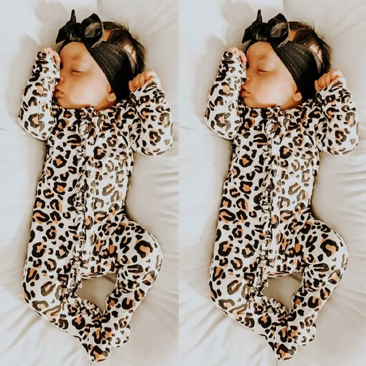 Одежда с леопардовыми рюшами для маленьких девочек Песочник Комбинезон хлопковый костюм Осенняя повседневная одежда с длинными рукавами, 1 предмет, для детей от 0 до 24 месяцев