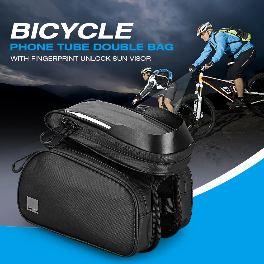 SAHOO Bike Bag Bicycle Phone Tube Double Bag Frame Pouch Bag With Fingerprint Unlock Sun Visor Night Reflective