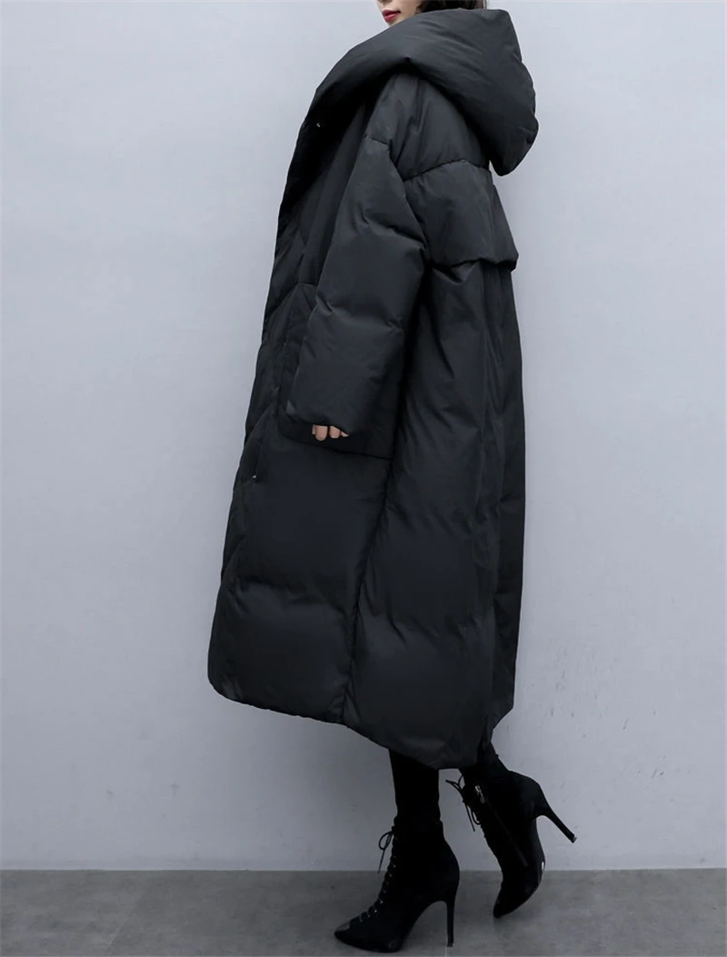 Large size Korean version loose mid-length section over the knee black women's padded jacket women thickening