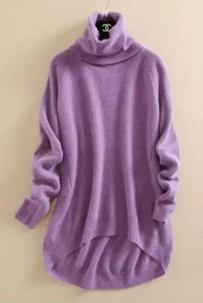 Кашемировый вязаный женский Повседневный пуловер, свитер, ассиметричные длинные сваи, высокий воротник, сплошной цвет, один и более размер - Цвет: light purple