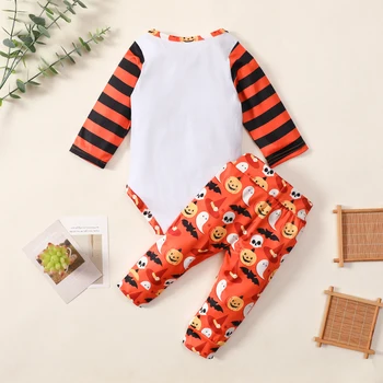 Toddler Baby Girls Boys Halloween Romper + Pants, Horizontal Stripes Pumpkin Print Spring Clothing 6