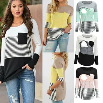 

2019 Brand Women Maternity Clothes Breastfeeding Pregnant Stripes Long Sleeve Patchwork T-Shirt Mom Nursing Tops Blouse S-2XL