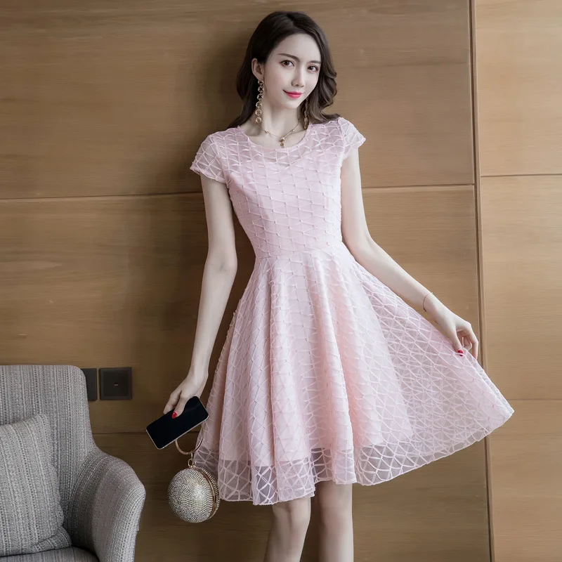 

WOMEN'S Dress 2019 Summer New Style Korean-style Elegant round Neck Plaid Waist Hugging A- line Formal Dress Women's