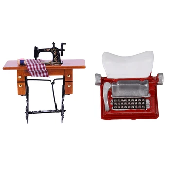 

1Pcs Retro Dollhouse Miniature Furniture Sewing Machine with Accessory Wood Metal & 1Pcs Vintage Typewriter Dollhouse Miniature