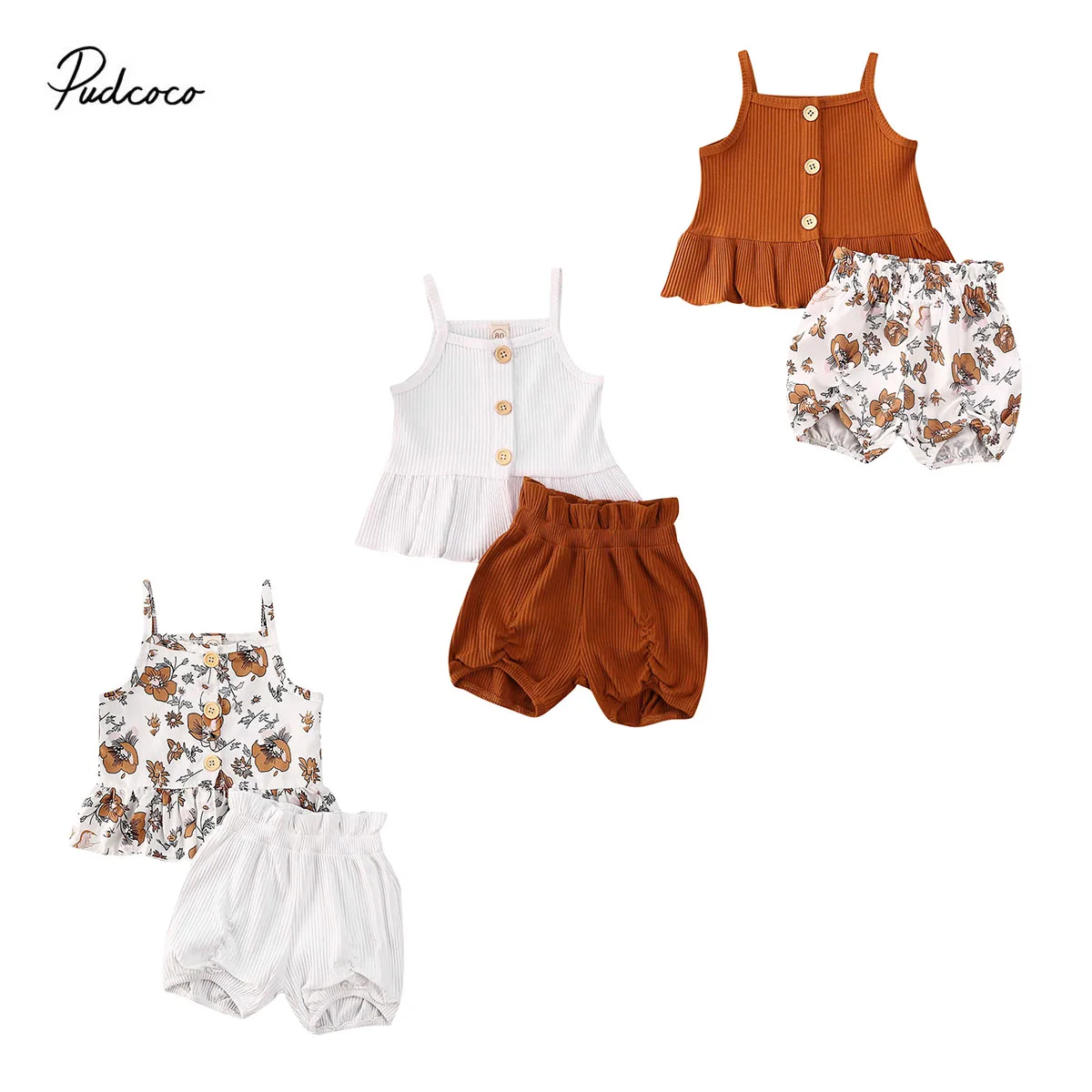 

2020 Summer Holiday 12M-5Y Kids Clothing Knitted Button Solid Vest Tos+Floral Shorts Bloomers Toddler Baby Clothes Boho 2Pcs Set