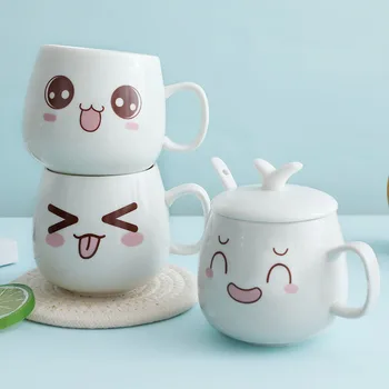 

Cartoon Cute Coffee Mugs Ceramic Women Lid Self-stirring Creative Water Cup Funny Friends Mug Copos Couple Milk Cups AB50CU