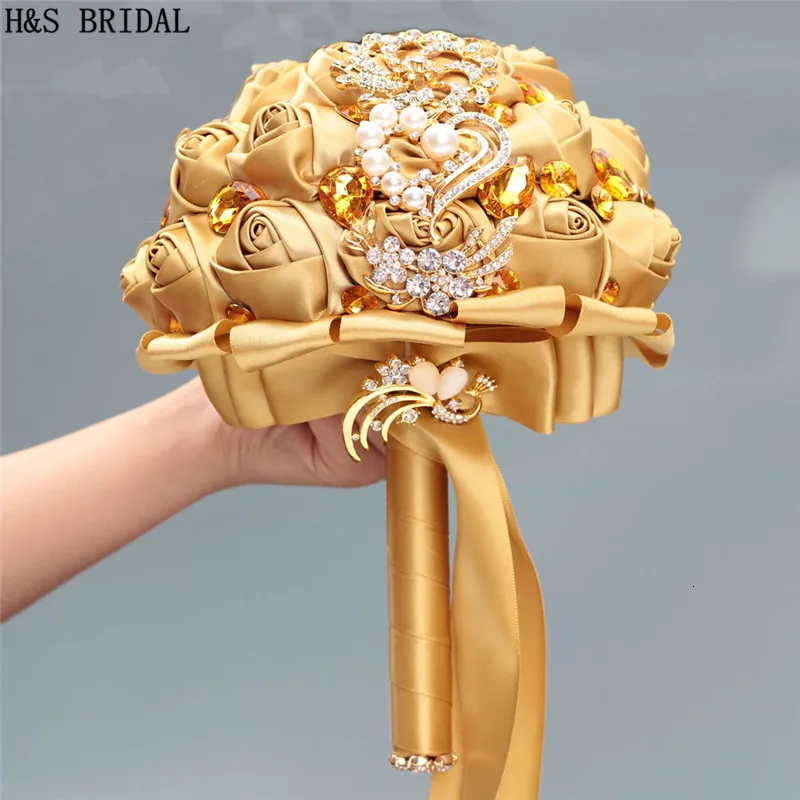 Популярные золотые свадебные цветы, роскошные золотые стразы, жемчужные свадебные цветы для невесты, подружки невесты, искусственные розы