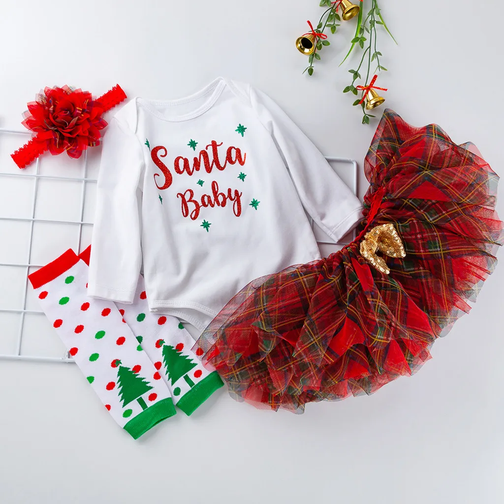 Рождественская одежда для малышей клетчатая юбка-пачка, Юбка комбинезон с надписью зимний комплект из 3 предметов, новогодние вечерние платья Одежда для маленьких мальчиков и девочек, 19Nov