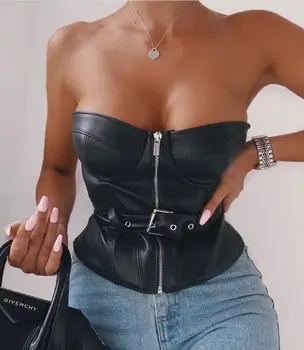 

Summer Fashion Sexy Strapless Backless Black Leather Top 2019 Celebrity Designer Fashion Top