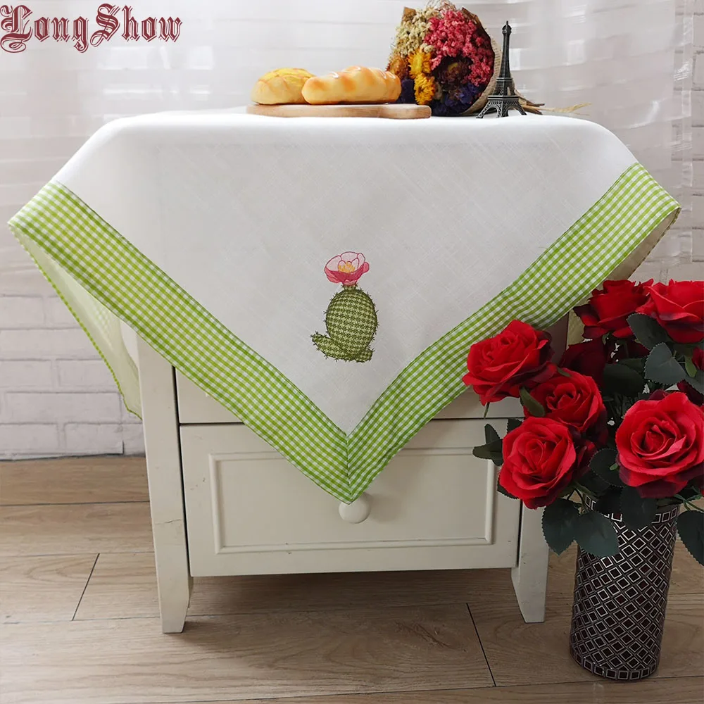 

White Color 85x85cm Square Cute Cactus Embroidered Linen Patchwork Table Cloth