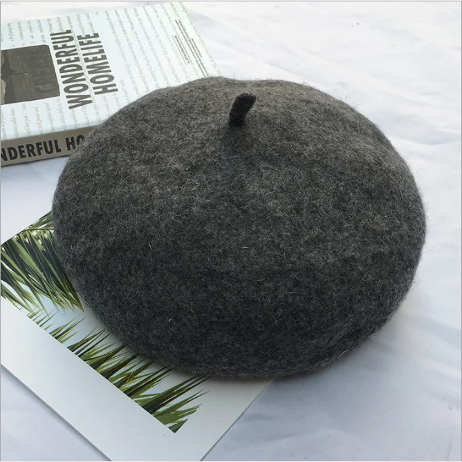 Women wool hat autumn winter thick beret lady autumn winter British painter cap version of the pure color of the bud cap - Цвет: Темно-серый