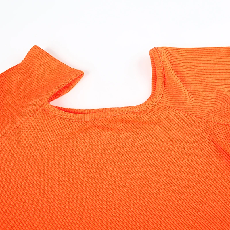 IAMHOTTY/укороченный топ на одно плечо с длинным рукавом, модная повседневная однотонная Базовая футболка, Женская неоновая оранжевая водолазка, женская футболка
