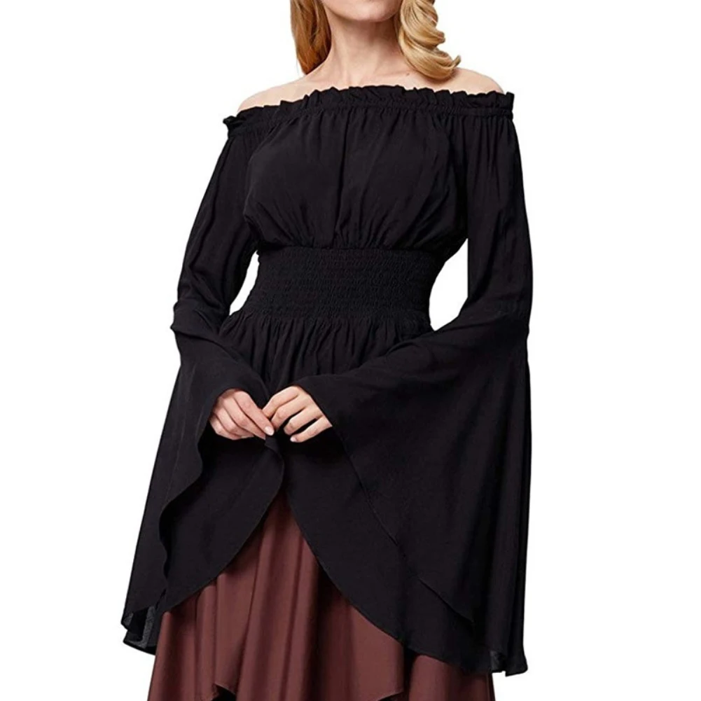 

Vintage Women Medieval Renaissance Blouse Long Flare Sleeves Ruffled Off Shoulder Shirt Slim Tunic Tops Cosplay Costume Corset