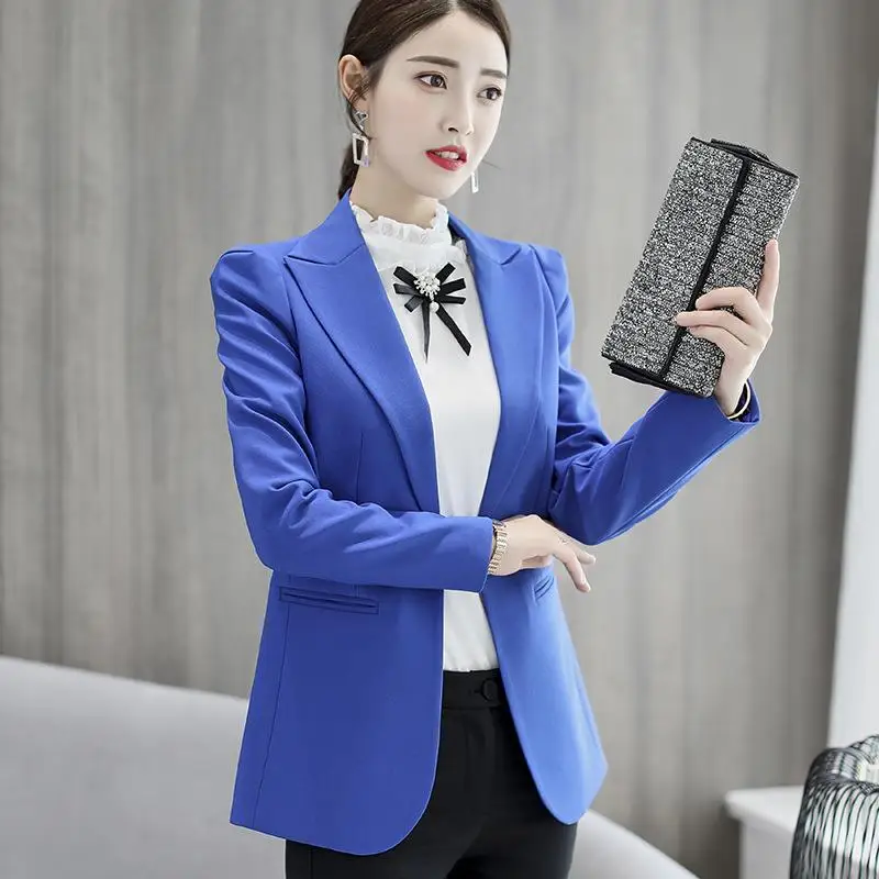 Professional Blazers Women Office Lady Formal Pocket New Elegant Button Oversize Spring Blue Green Slim Plus Size Notched Chic women elegant floral print buttonless blazers white mid length oversize suits 2023 spring autumn new office work casual blazer