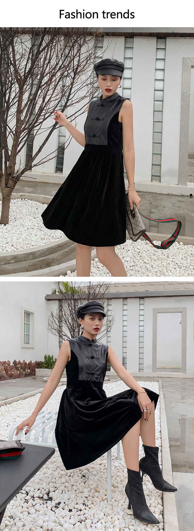 Genuine Leather Dress Elegant Mock Neck Botton Front Sleeveless Sheepskin Fit and Flare Dress Women Autumn Winter Solid Dresses