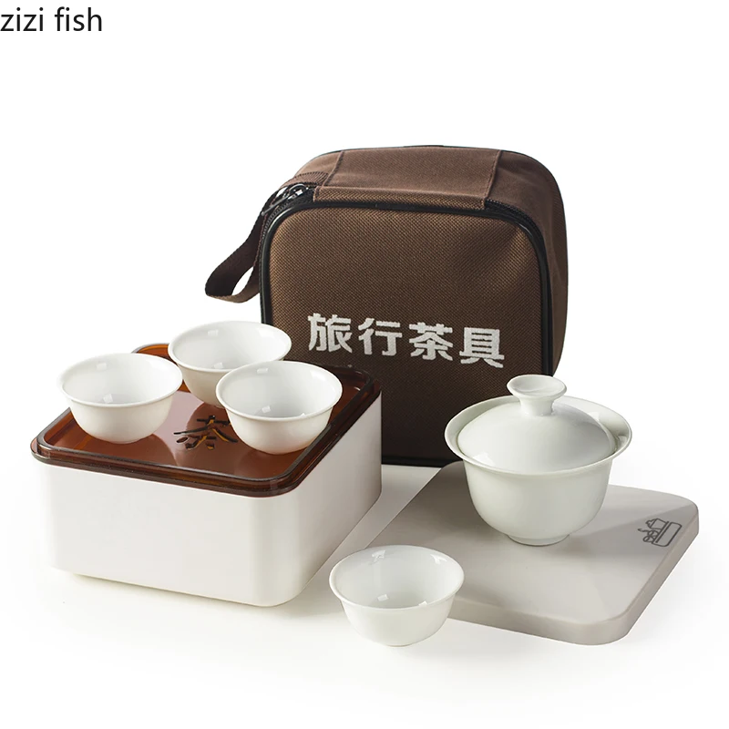 7-piece set Chinese Kung Fu Tea Set Ceramic Portable Teapot Set Outdoor Travel Gaiwan Tea Cups of Ceremony Teacup Fine Gift