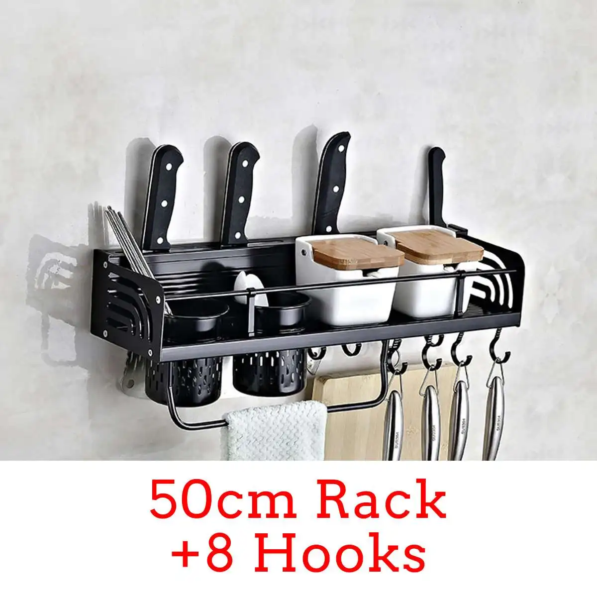 Настенные стойки для специй алюминиевый кухонный Органайзер хранилище полки посуда ложка вешалка крюк Кухонные гаджеты принадлежности - Цвет: 50cm Rack 8 Hooks