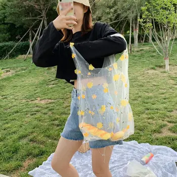 

Flower Embroidery Hand Bag Organza Casual Tote Mesh Shopping Bags Woman Handbags