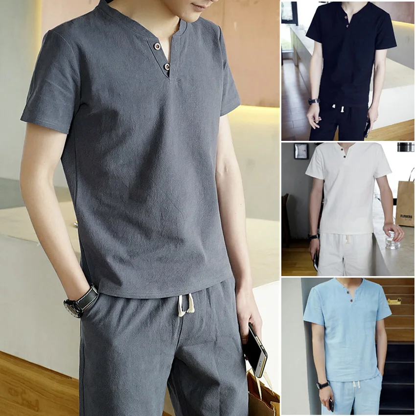 Chinese Style Summer Men Linen Tang Suit Short Sleeve V-neck T-shirt + shorts Clothing Set Breathable Oriental Costumes chinese traditional costume chinese men hanfu top