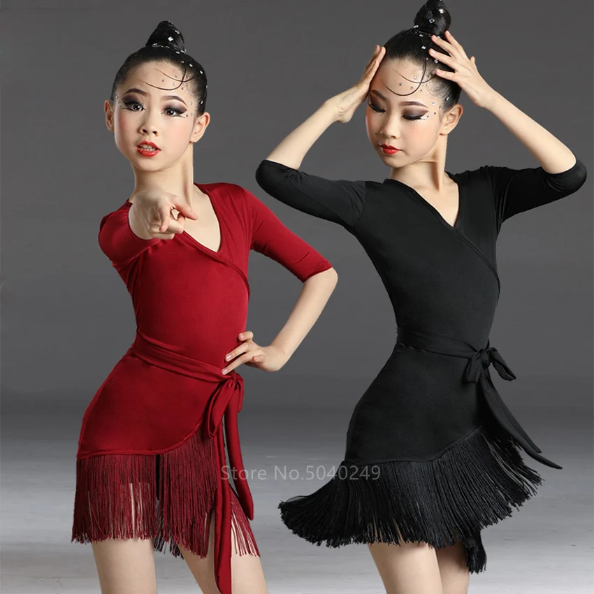 Children Latin Dance Dress 2022 News Tassel Dance Dress Fringed Tango Salsa Ballroom Kids