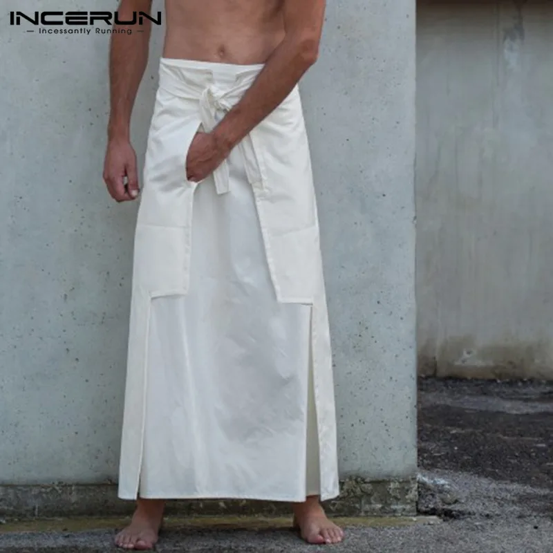 INCERUN брюки винтажные мужские s Kilts боевые искусства стиль Kilt модные Kendo юбки Мужские Твердые карманы военные длинные юбки