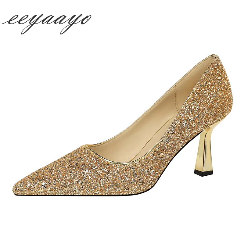 2020 New Spring Women Pumps 7.5cm Metal Heel Pointed Toe Bling Bridal Wedding Shoes Champagne Sexy Ladies High Heels | Обувь