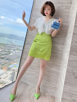 

Retro Stitching Lace Hem Wrap Frog High Waist A- line Skirt Female 2020 Early Autumn New Style