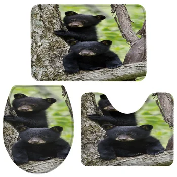 

3 Pieces Bathroom Set Little Black Bear Animal Tree Bath Set Toilet Cover Mat Pedestal Rug Non-Slip Bathroom Rug Set