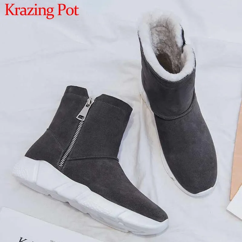 

Krazing Pot solid super keep warm cow suede snow boots round toe med heels side Zipper winter daily wear women ankle boots L75